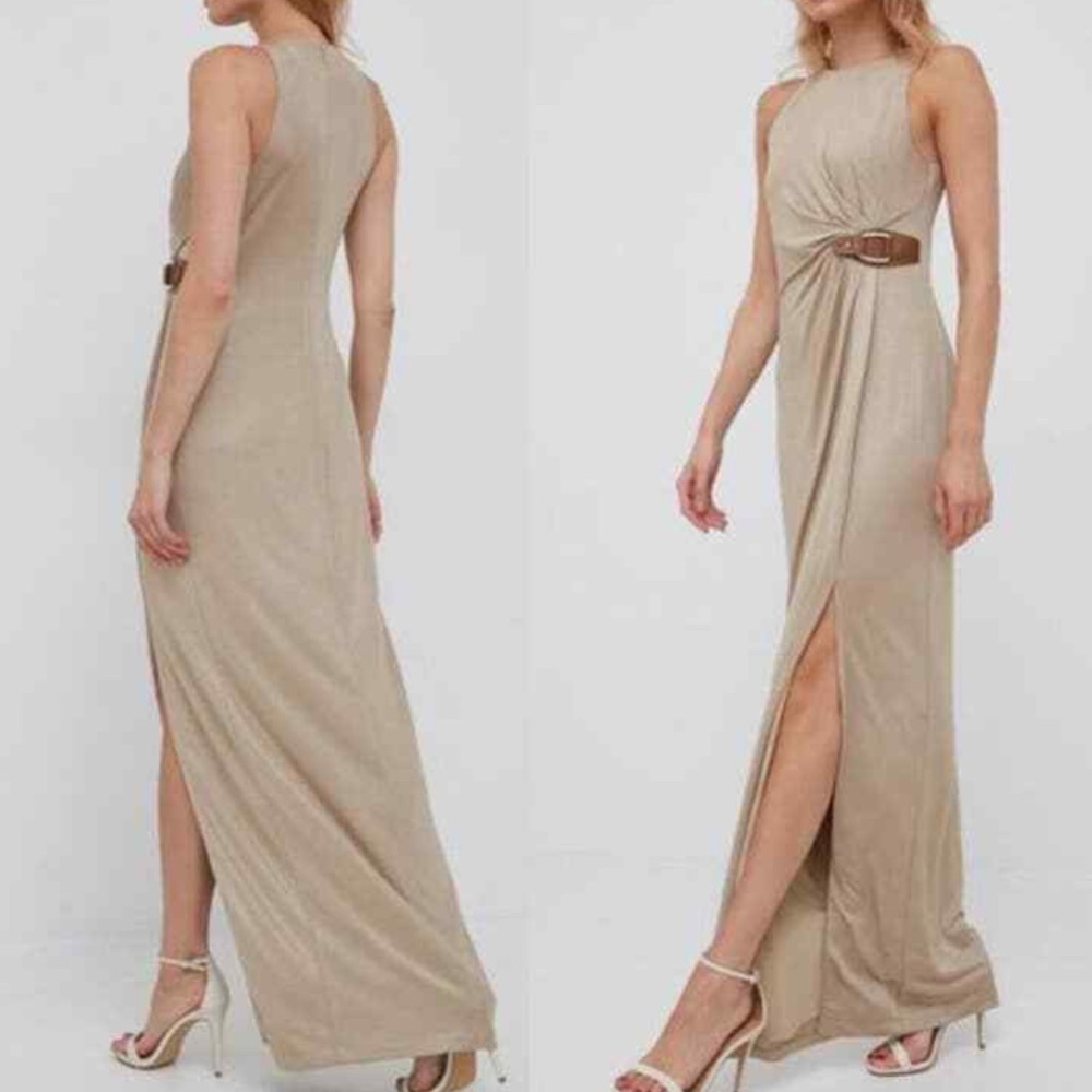 Lauren Ralph Lauren Gold Column Side Ruched Evening Gown Holiday Party Formal 4